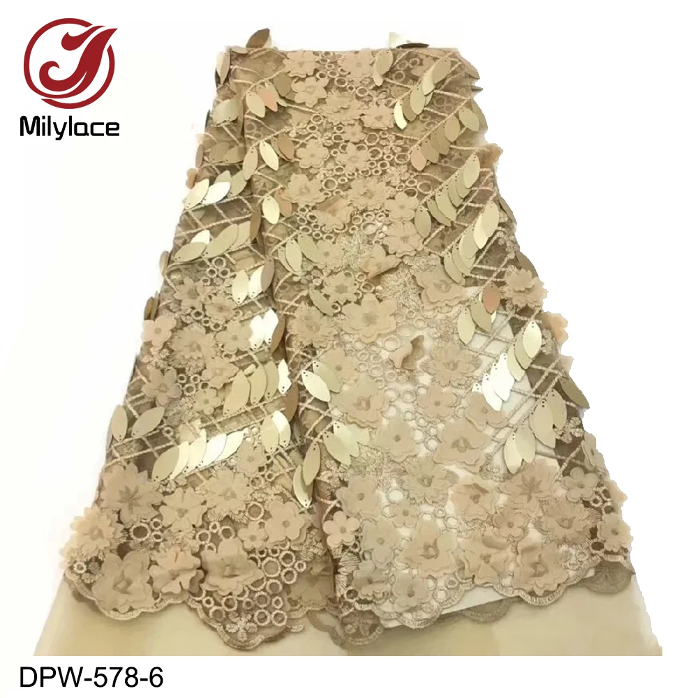 

Newest arrivals golden big sequins french lace fabric 3d flowers tulle lace fabric skyblue party lace DPW-578