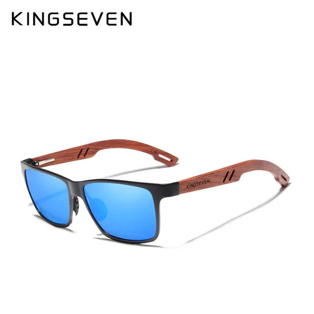 KINGSEVEN Design Handmade Natural Bubinga Wooden+Aluminum Sunglasses Men Polarized Fashion Sun Glasses Square UV400 Gafas De Sol Black Blue