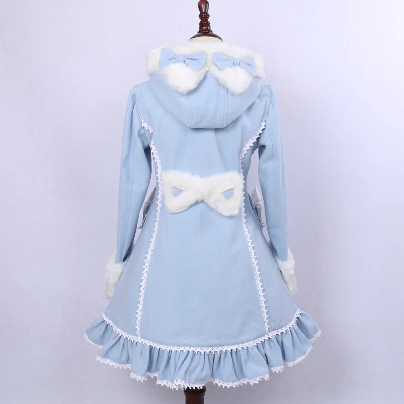 Женское зимнее однобортное пальто, милое пальто с кошачьими ушками в стиле Лолиты, с капюшоном, светильник, синее пальто из искусственного меха для девочек
