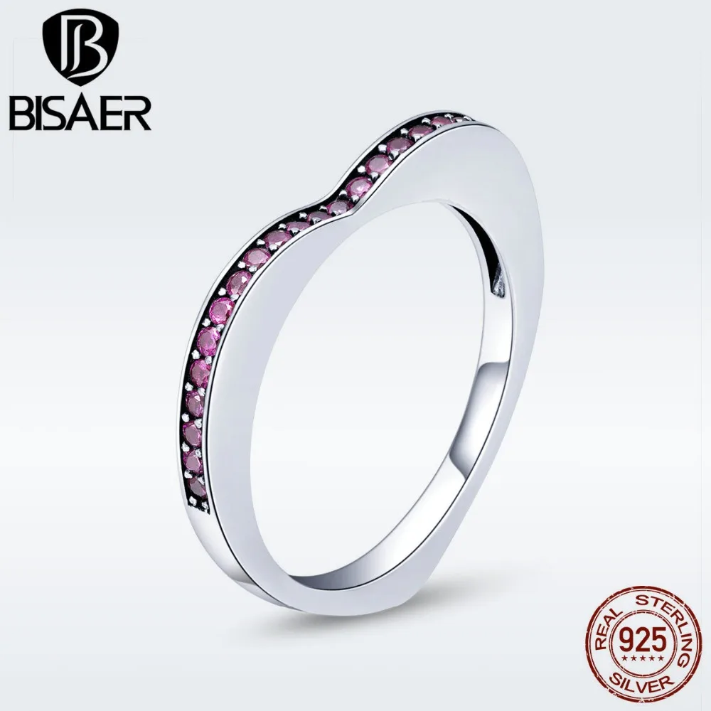 BISAER 925 пробы Серебряное простое геометрическое обручальное кольцо для женщин розовое CZ кольцо в форме сердца женское, Стерлинговое серебро ювелирные изделия ECR427