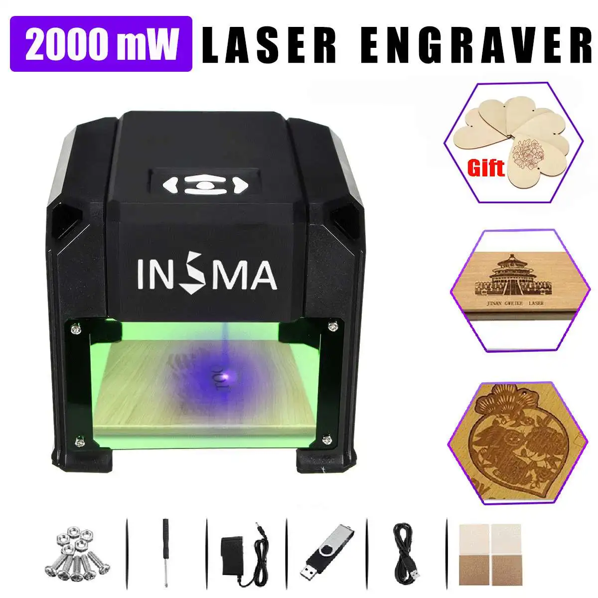 

2000mW/3000mW USB Desktop CNC Laser Engraver Printer Carver DIY Logo Carving Engraving For WIN/Mac OS + 5 Heart Wooden Board