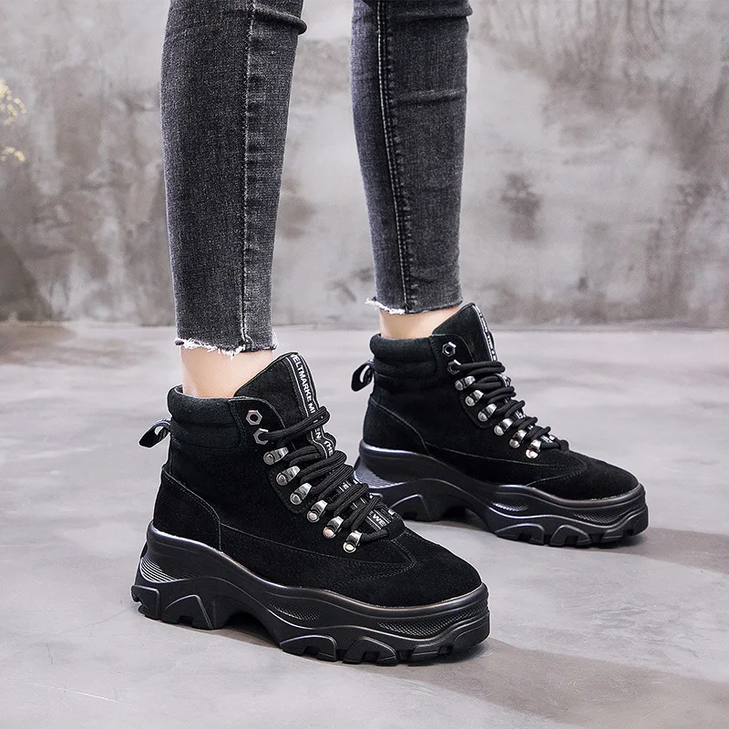 

2019 Autumn Winter Suede Leather Ankle Boots For Women Wedge Boots Increasing Platform Female Shoes Lace Up