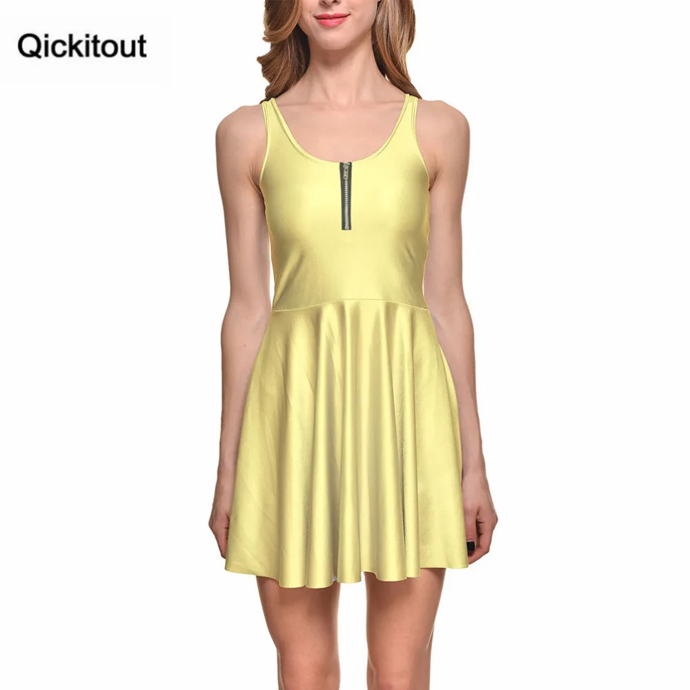 

Qickitout Dress 2016 Brand Women Fashion Gorgeous Digital Print Front Zip Sundress Matte Yellow Evil Zip Dress Skater Vestidos