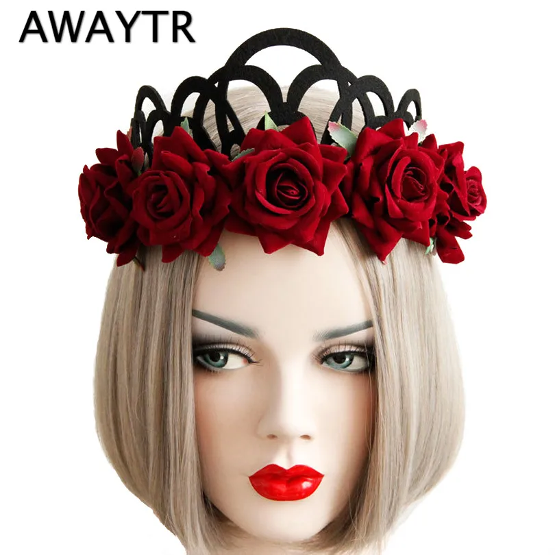 

AWAYTR Flower Wreath Woman Girls Floral Crown Tiaras Headband Boho Red Rose Flower Bride Hairbands Party Hair Accessories