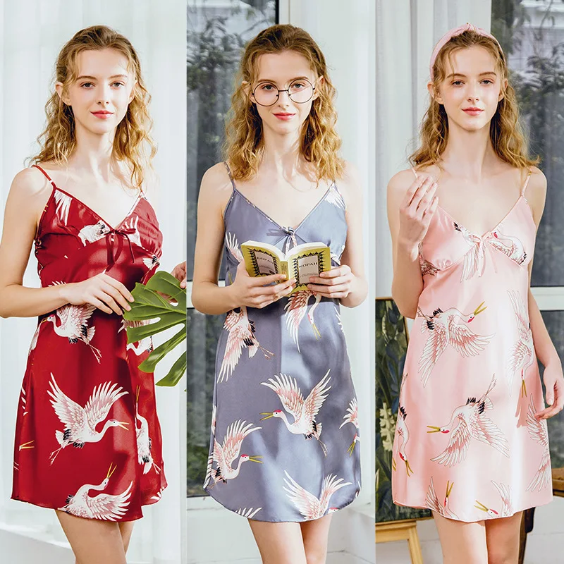 

Sexy Ever Store Silk Satin Strap Lounge Floral Printed Short Nightgown
