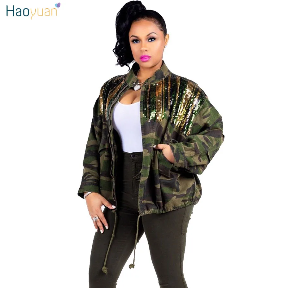 HAOYUAN Camouflage Sequin Jacket Outwear Women Clothes Full Sleeve Plus ...