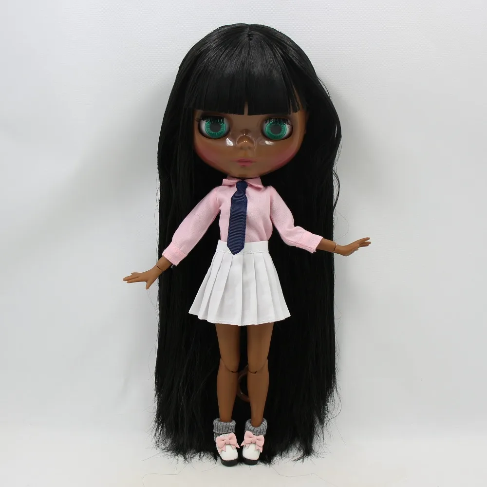 Neo Blythe-dukke med svart hår, svart hud, skinnende søtt ansikt og tilpasset leddkropp 1