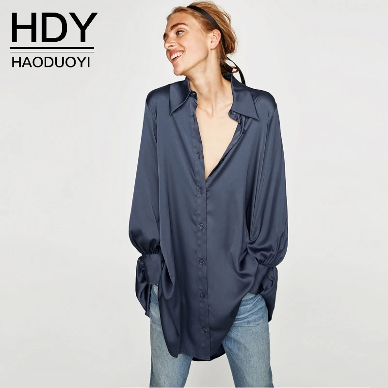 

HDY Women Long Sleeve Blouses Casual Satin Shirt Female Mid Long Blouses Ladies Tops Loose Women Clothing Large Size Long Blouse