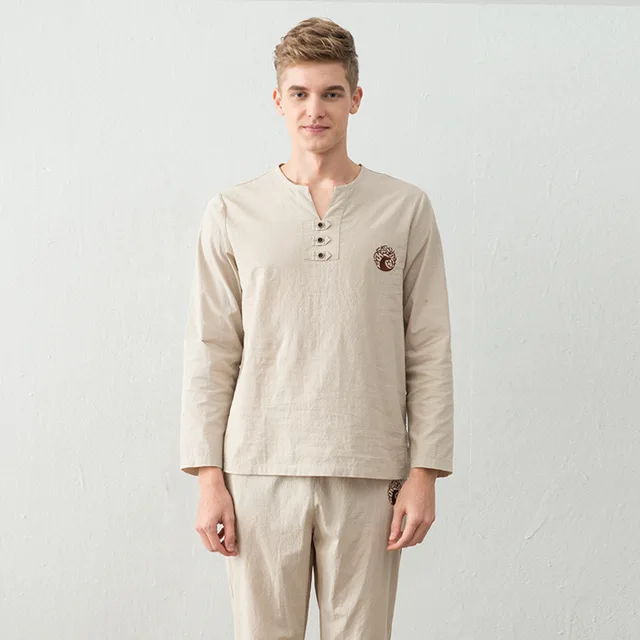 2016 New Autumn Men Long Sleeve Cotton Linen Pajama Sets Male Nightwear