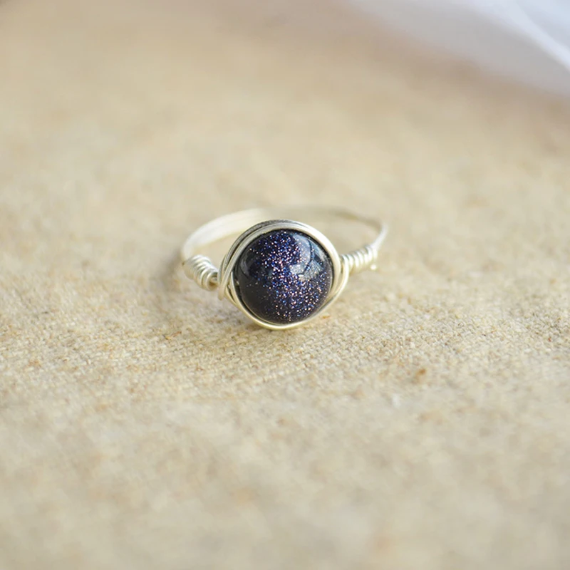 Синий Авантюрин Натуральный камень Solitaire 925 стерлингового серебра провод обернутый обручальные кольца для Для женщин
