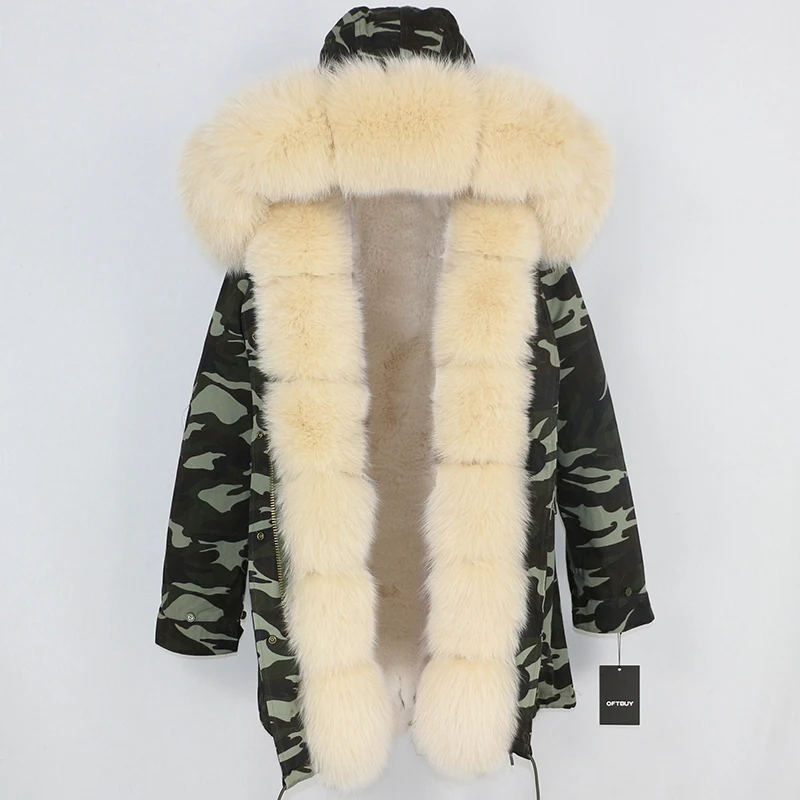 OFTBUY длинная парка, пальто с натуральным мехом, зимняя куртка для женщин, Воротник из натурального Лисьего меха, Толстая теплая брендовая Роскошная Съемная уличная одежда - Цвет: green camo beige