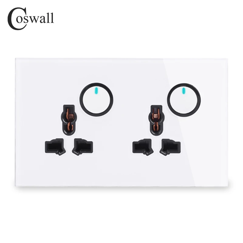 Coswall, полностью стеклянная панель, 13А, 2 комплекта, универсальная настенная розетка, 2 комплекта, 2 способа включения/выключения, переключатель через светильник, переключаемый светодиодный индикатор - Тип: White