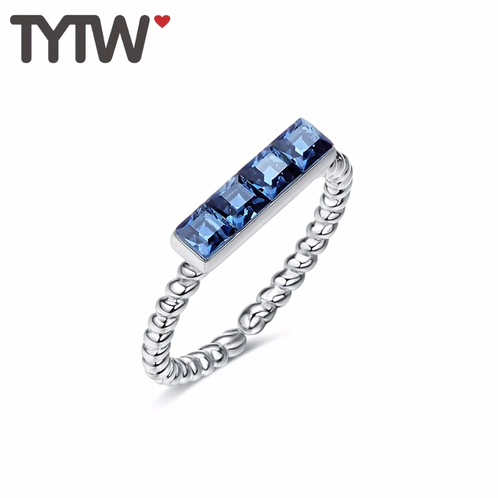 

TYTW Luxury Lady S925 Sterling Silver Ring Blue Crystals from Austrian Anniversary Wedding Party Fashion Elegant Women Ring