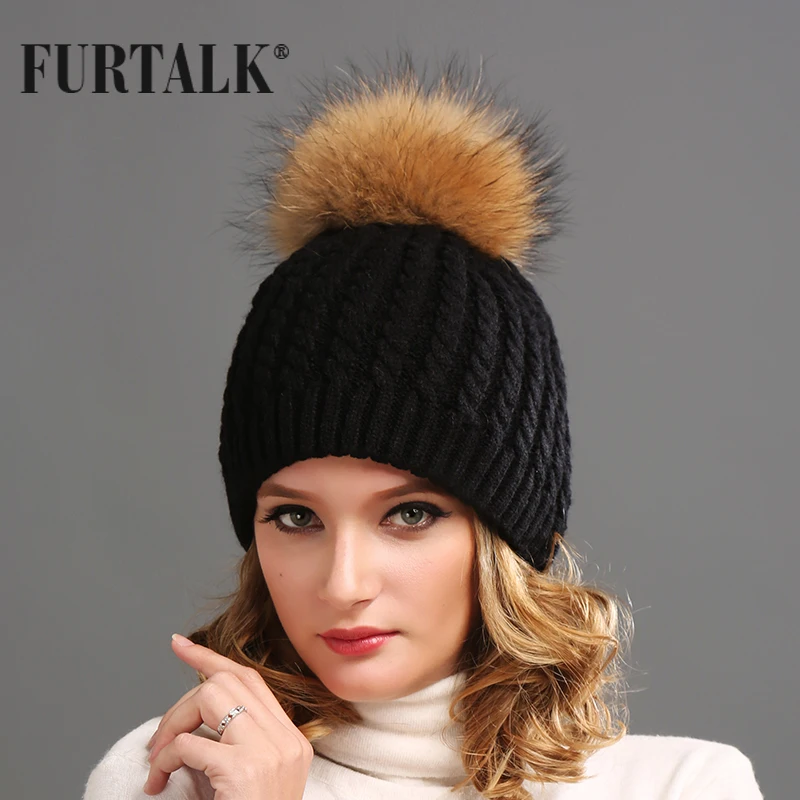 Furtalk Русский Реального Меховая Шапка Двойная Подкладка Енота Пом Hat Женщин Зимняя