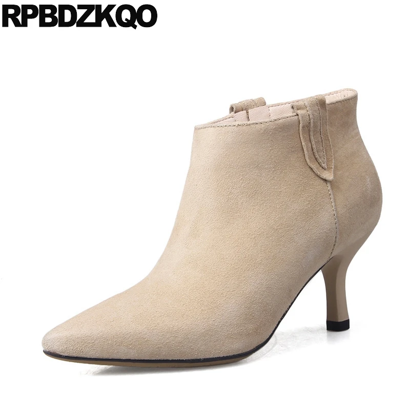 

Real Leather Luxury Brand Shoes Women Pointed Toe Stiletto Short Boots Booties Suede Sexy British Slip On Beige Autumn Ankle