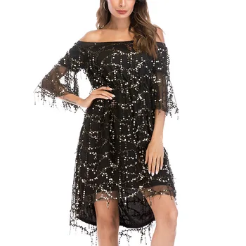 

Summer Fashion Women Wine Red Balck Sequined Tassel Sexy Dress , Womens Xxl Off Shoulder Glitters Slash Neck Irregular Dresses