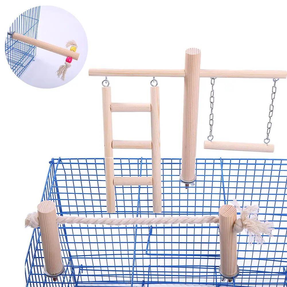 Wooden Bird BirdcageToys Set Parrot Swing Ladder Stand Bar Rope Toy Non