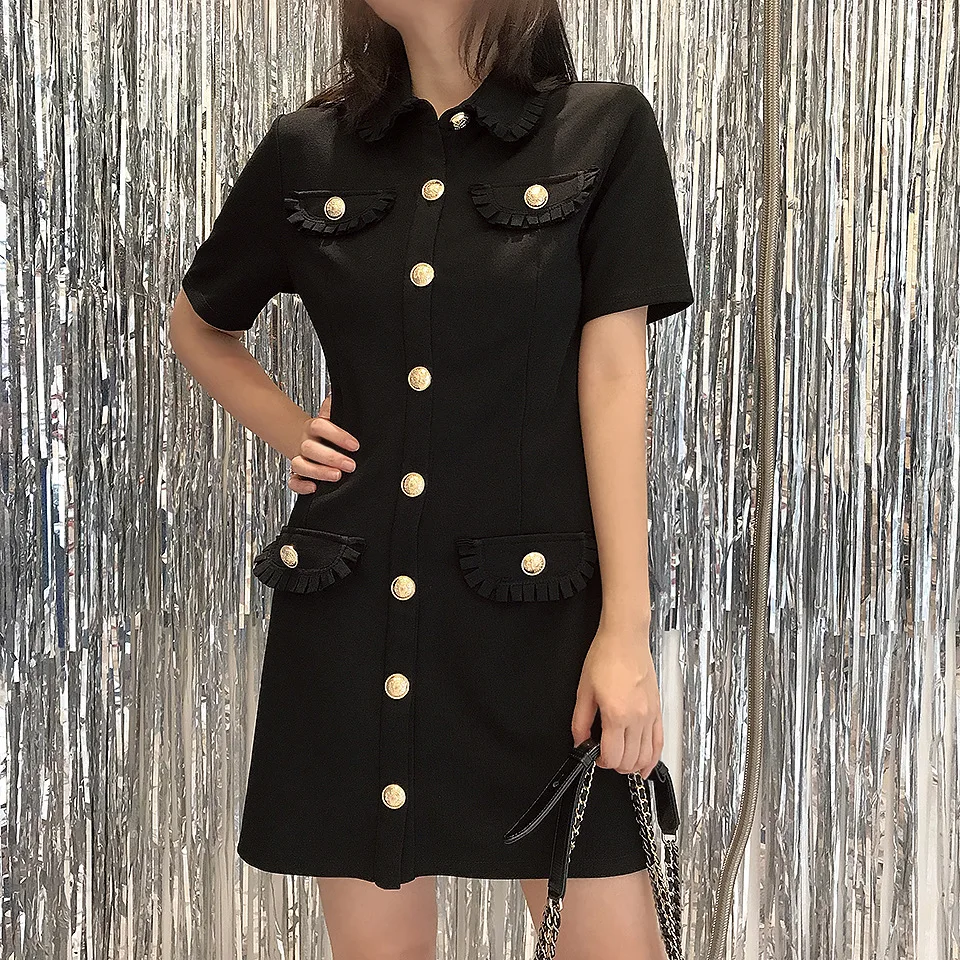 

CHICATWILL Elegant Women Black Dresses Office Lady Work Buttons Slim Dress