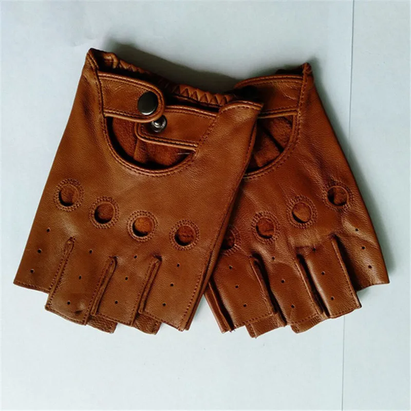 Мужские кожаные перчатки высокого качества Нескользящие перчатки из овчины без пальцев 3-L01 - Цвет: brown