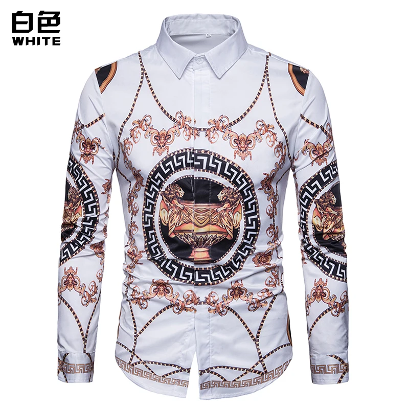 Casual Print Cotton Shirts Mens Long Sleeve Spring New Male Slim Fit Turn-down Collar Shirt Black Fashion