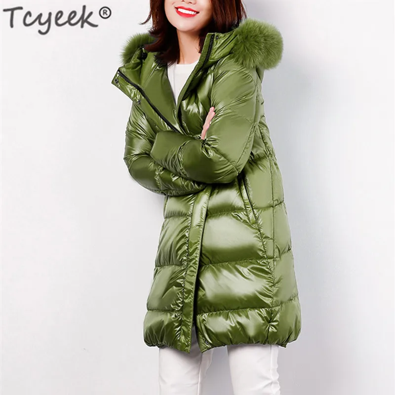 Tcyeek, Зимняя женская куртка, 90%, белый гусиный пух, пальто для женщин, большой, натуральный Лисий мех, с капюшоном, одежда, толстые, теплые пальто, куртки, LWL1049