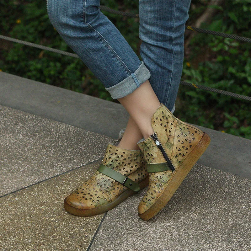 

2019 summer handmade leather cool boots women casual round toe ankle boots cowhide women flat boots red and khaki