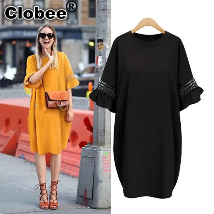 

Clobee European Style Big Size Women Dress 2018 Summer Ruffles Sleeve Office Dress 3XL 4XL 5XL Plus Size Dress Oversized Mustard
