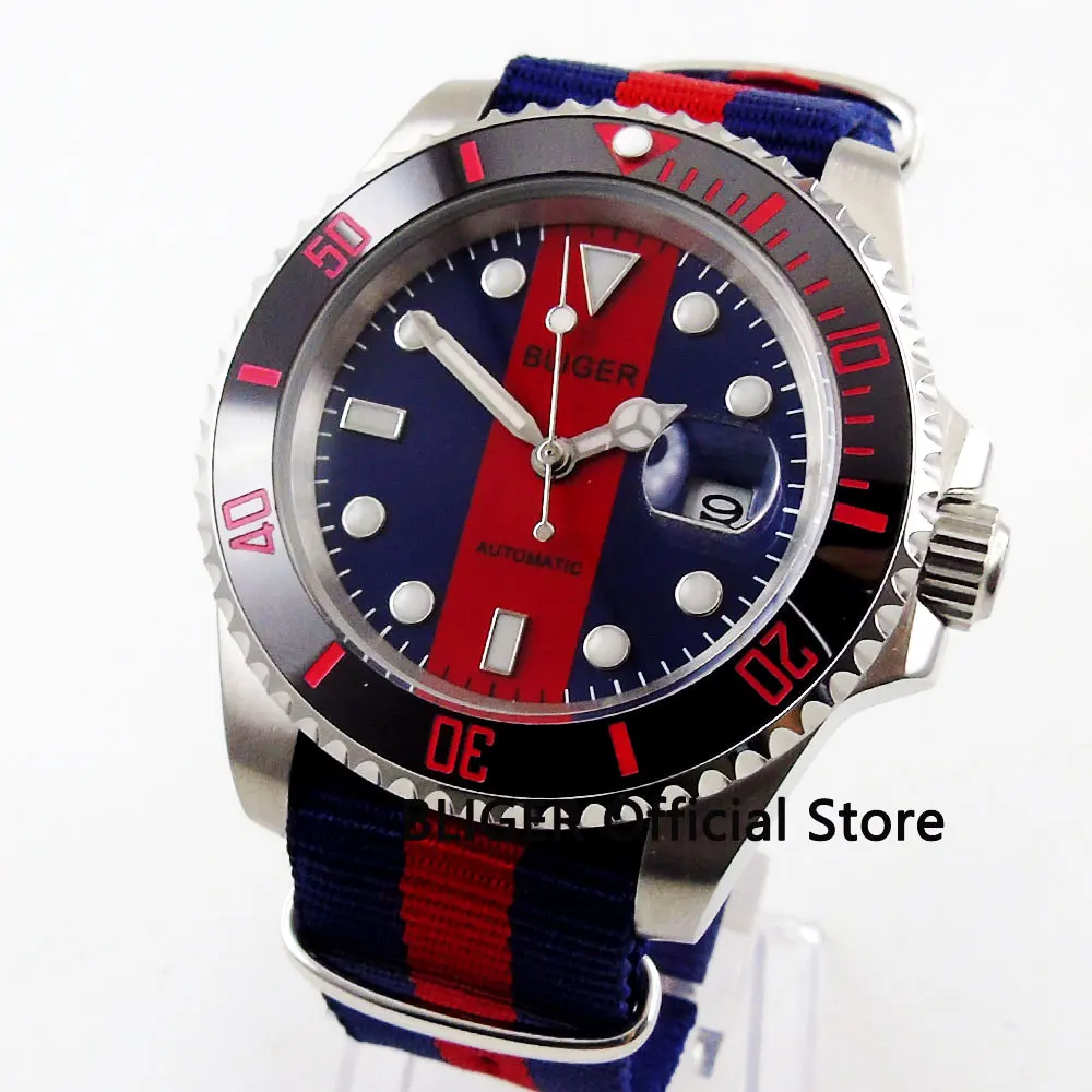 

Casual BLIGER 40MM Blue Red Dial Men's Watch Steel Watchcase Luminous Marks Sapphire Crystal Automatic Movement Mechanical Watch