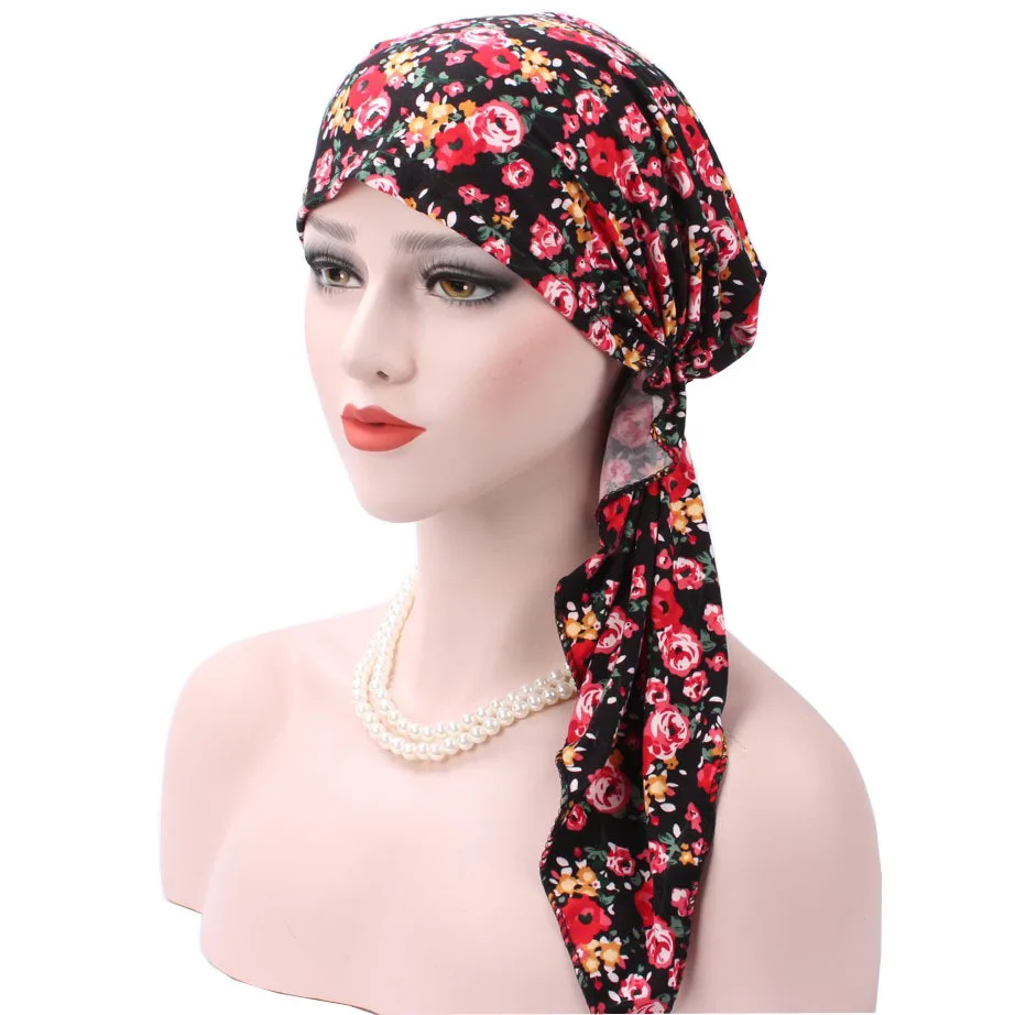 

Muslim inner Hijabs wrap headscarf Cap Islamic Underscarf Headwear long tail printing Muslim Hijabs hat Polyester Plain Hijabs