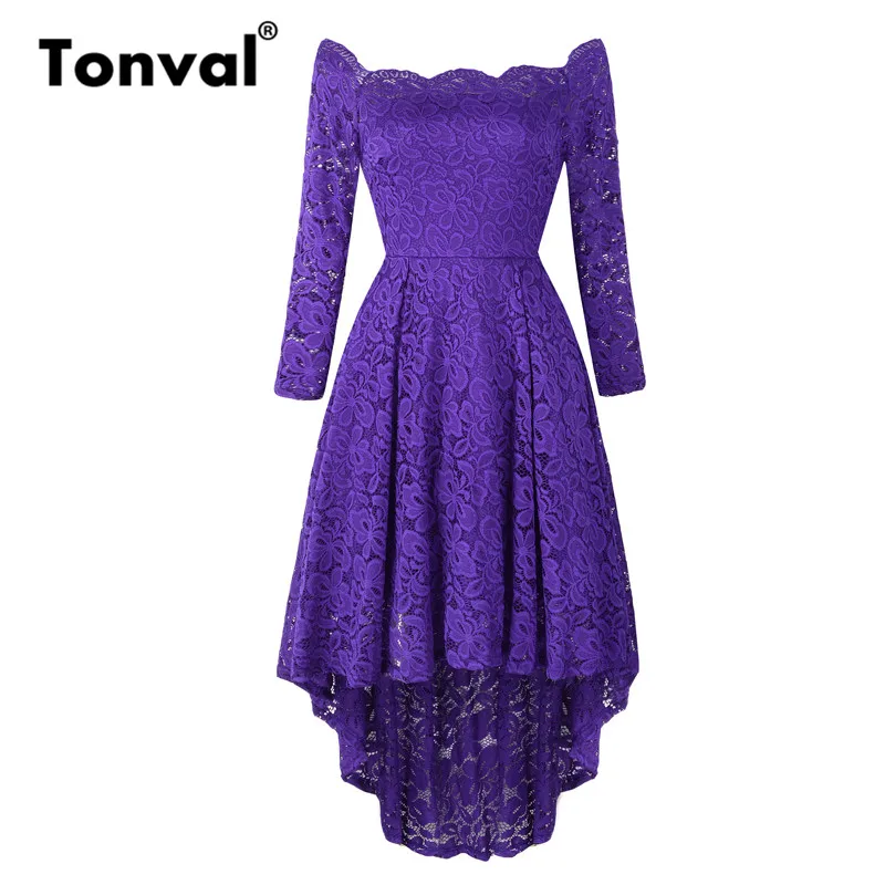 

Tonval High Low Hem Purple Midi Lace Long Sleeve Dress Off Shoulder Sexy Women Dresses Evening Party Elegant Dress