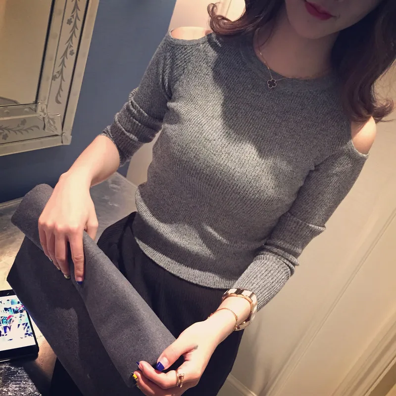 

NORMOV Low Roundneck Cold Shoulder Knitted Sweater Women Streetwear Autumn Winter Jumper Sexy Korean Pullover Sweater Plus Size