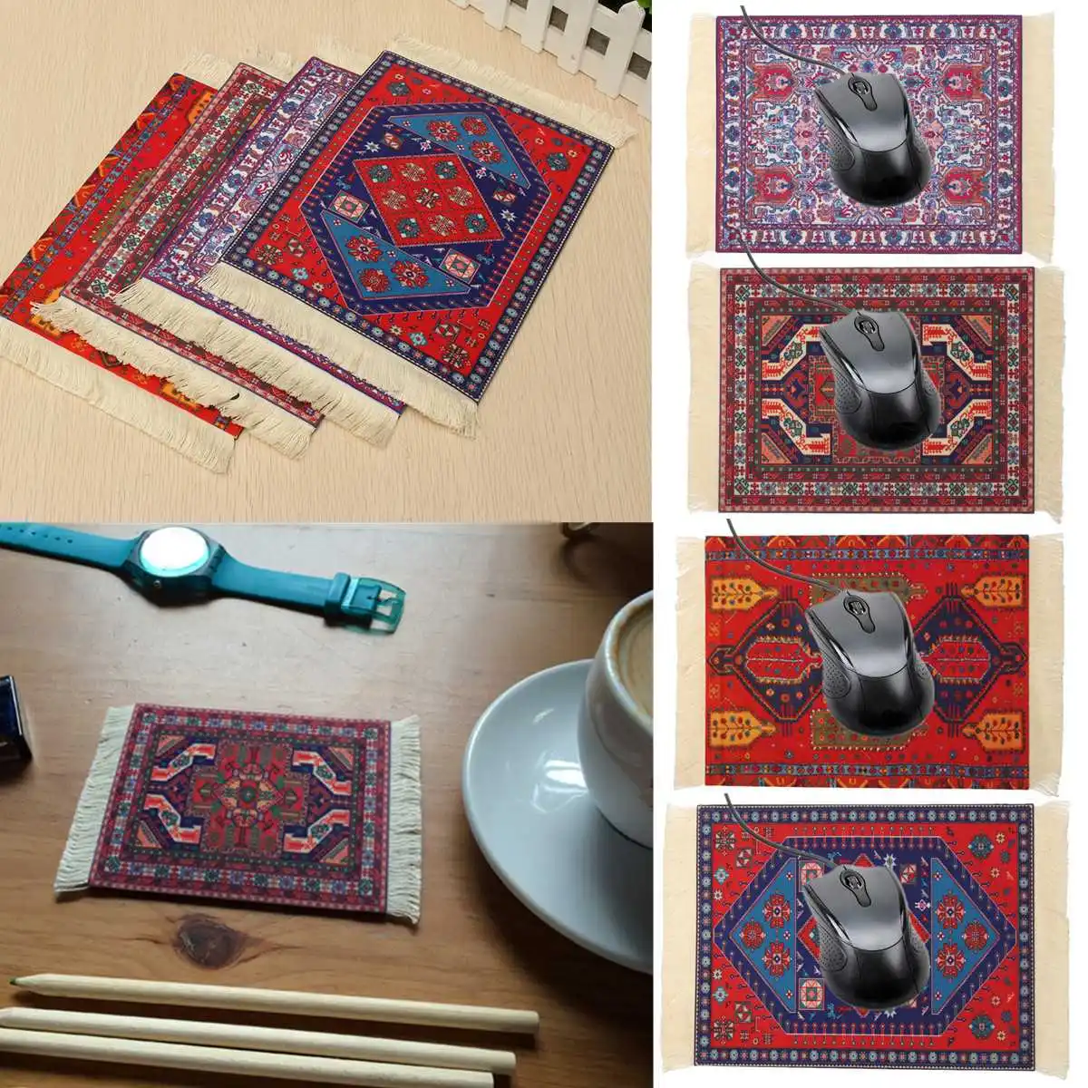 

27x18cm Persian Mini Woven Rug Mat Mousepad Retro Style Carpet Pattern Cup Mouse Pad with Fringe Home Office Table Decor Craft