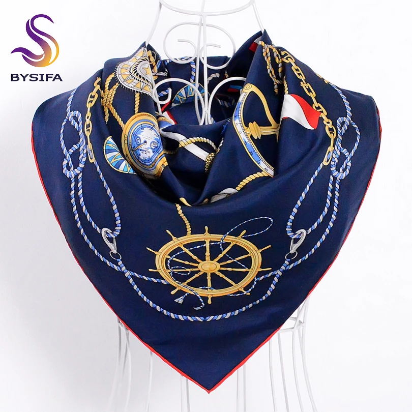 

[BYSIFA] Navy Blue Women Silk Scarf Shawl Wraps New Design Brand Chain Flowers Ladies Twill Square Scarves For Winter Bufandas