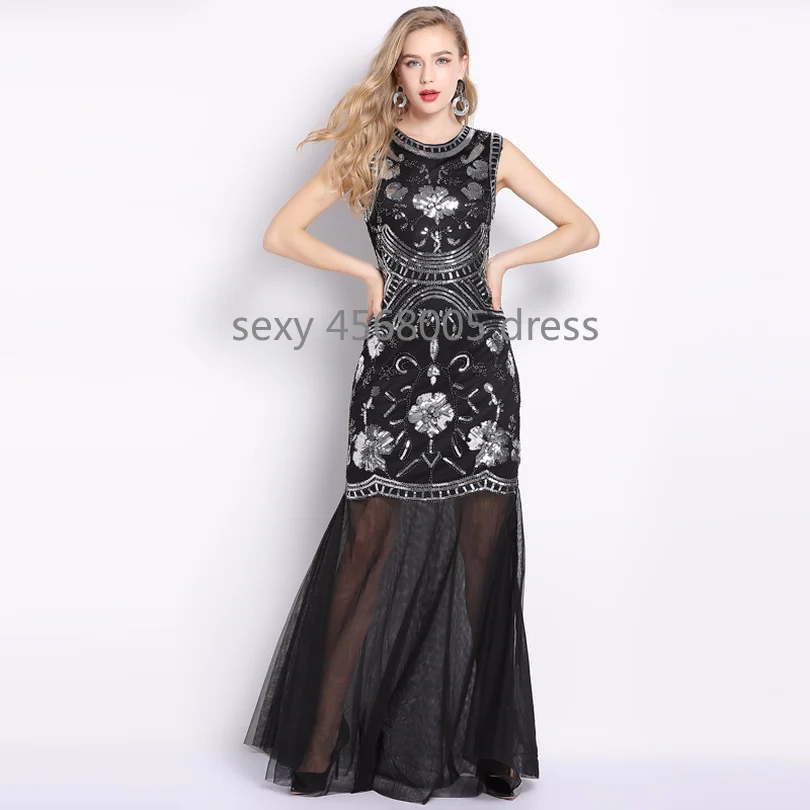 Винтаж 1920 S Хлопушки платье длинный халат Vestido вышивка Цветочный блесток бисером