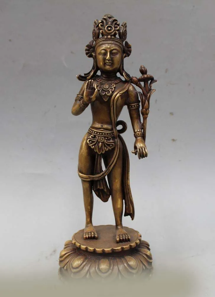 

DS 10"Tibet Pure Bronze Buddhism Religion Stand Guanyin Kwan-Yin Goddess Statue