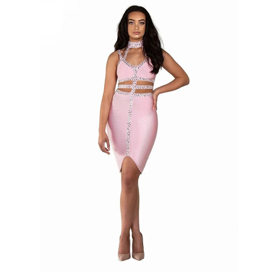 

New Design Diamonds Women Bandage Dress Sexy Spaghetti Strap Luxurious Dresses Celebrity Party Club Sleeveless Vestido HL