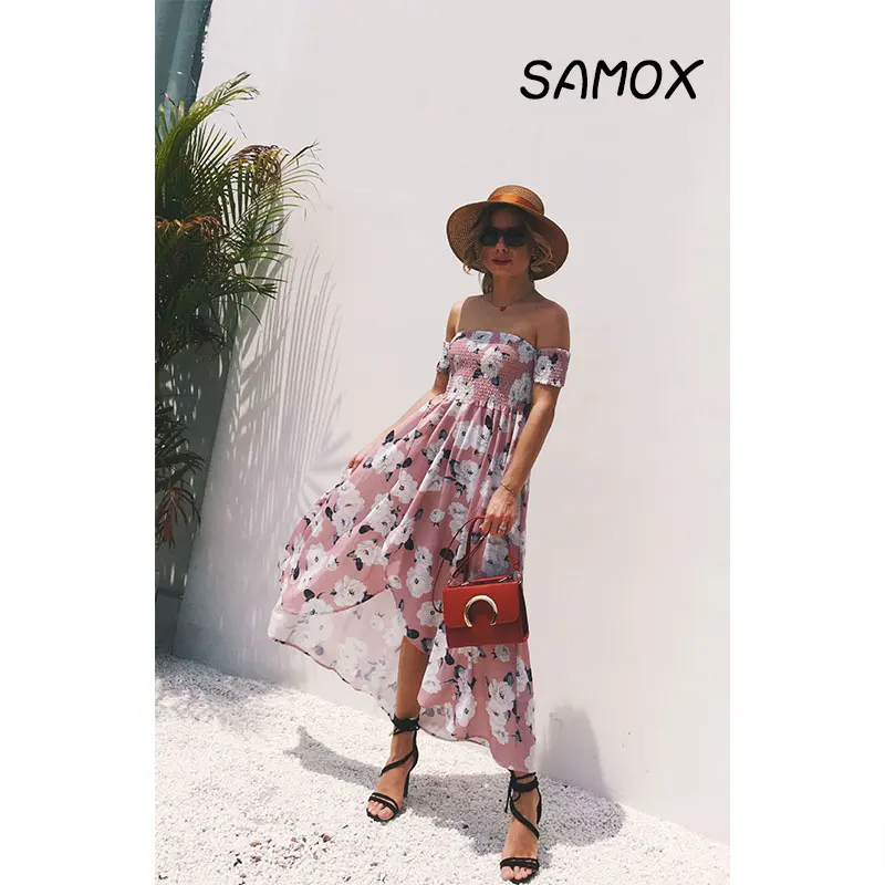 JSMY 2019 New Summer Fashion Women Off-the-shoulder Split Printing Chiffon Beach Dress