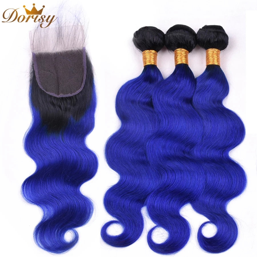 

Dorisy Bundles With Closure T1b/Blue Color 3 Bundles Mongolian Body Wave Hair With Closure 4*4 Lace 4pcs/lot Human Remy Hair