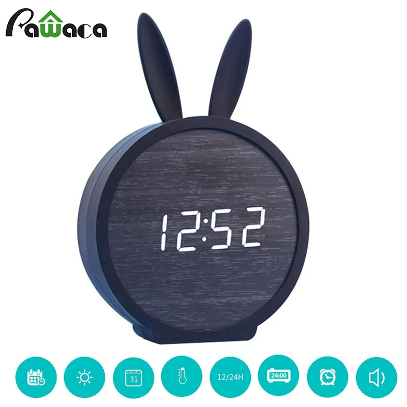 Cute Rabbit Wood Digital LED Alarm Clock Sound Control Home Bedside