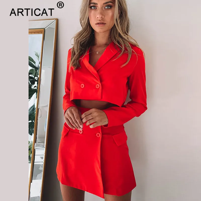 

Articat Buttons A-Line Two Piece Set Women Dress Long Sleeve Notched Mini Autumn Dress Solid Casual Office Ladies Short Dress