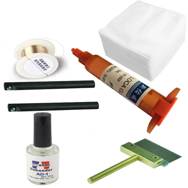 

6 in 1 LOCA UV glue tp-2500 with Glue Remover Dispergator with scraper and Golden Cutting Wire and clean clothes wipes