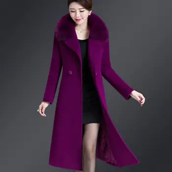 

Winter Jacket Women Long Coat double breasted cashmere Wool Coat Women Middle-aged mother Coat Fur collar Woolen Coats