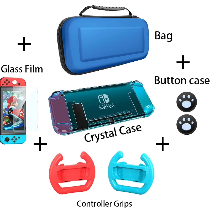 Для nintendo Switch Case Хрустальная жесткая Защитная крышка съемная Coque ультра тонкая сумка для nintendo 64 консоль NS NX чехол - Цвет: 5Kit 4-Blue