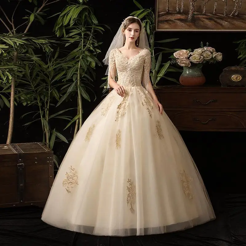 Свадебное платье с длинным шлейфом Mrs Win, с коротким рукавом, кружевной винтажный наряд цвета шампань для принцессы, новинка - Color: floor length