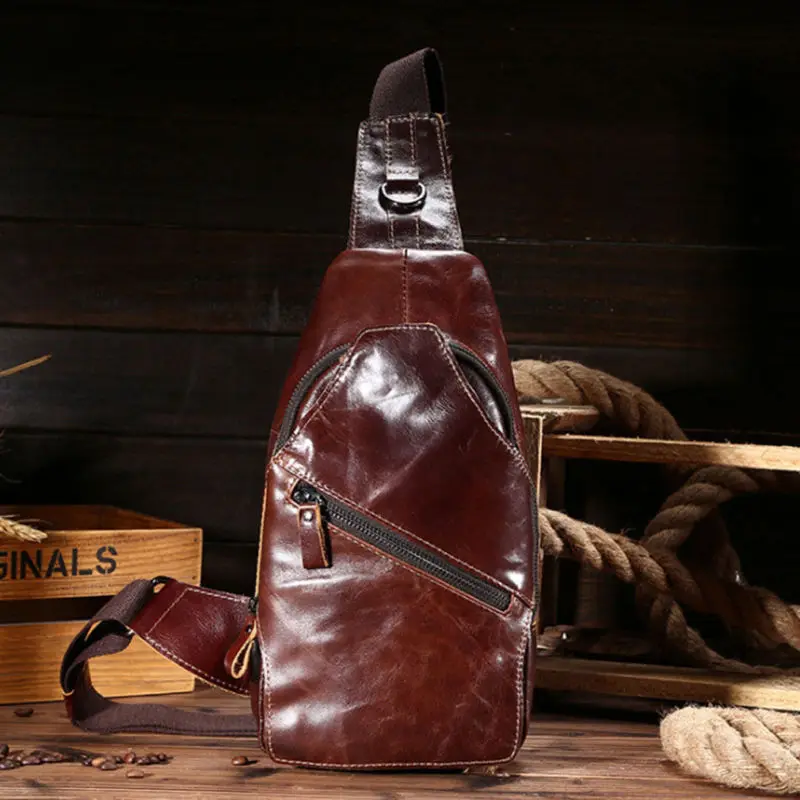 

Men Oil Wax Genuine Leather Cowhide Vintage Sling Chest Back Day Pack Travel Messenger Shoulder Cross Body Bag