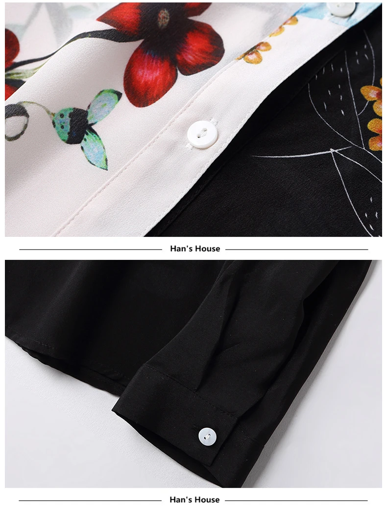 Шелковая блузка женская рубашка асимметричный дизайн принт о-образный вырез длинный рукав легкая ткань Топ Новая мода весна