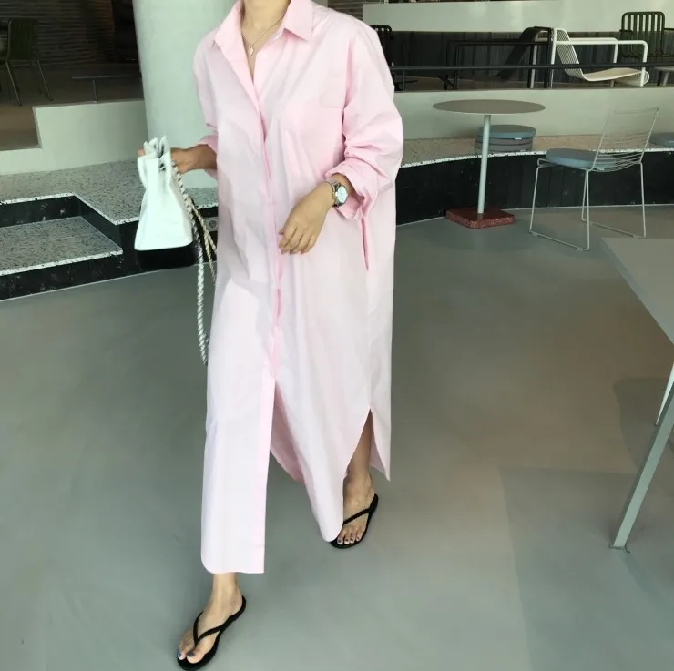 

2019 Spring Fashion Loose Turn-Down Collar Shirt Dress Solid Women Casual Long Sleeve Long Dress