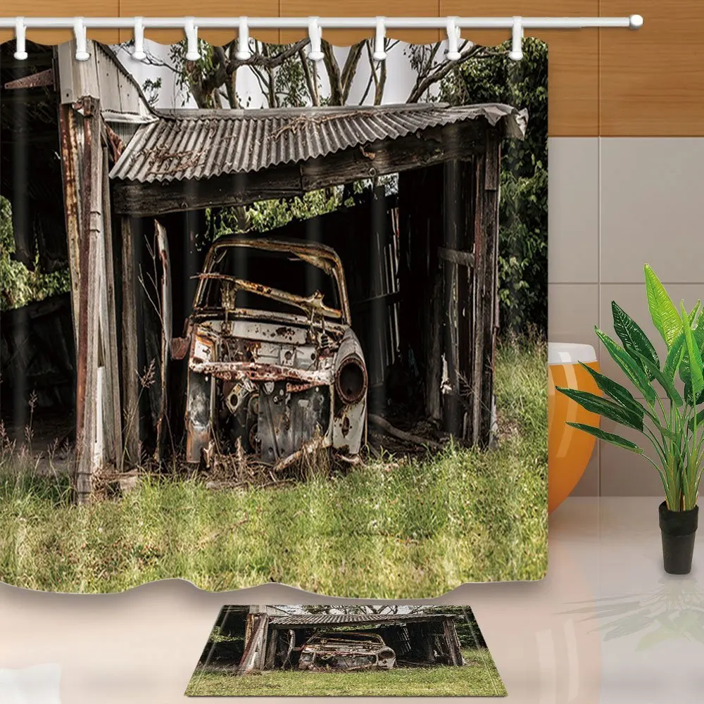 House Decor Shower Curtain and Mat Set Old Broken Car in Wooden Garage Mildew Resistant Polyester Fabric Bathroom | Дом и сад