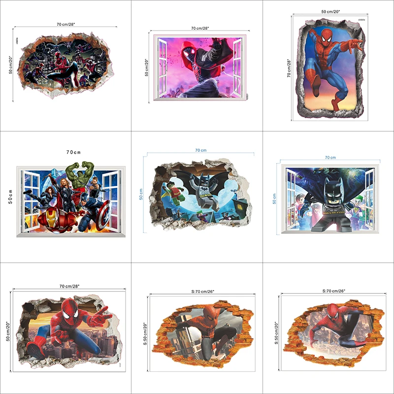 Супер Герой 3D Сломанные Отверстия настенные наклейки для детской комнаты домашний декор Человек-паук Бэтмен Железный человек Халк Мстители настенные наклейки для мальчиков