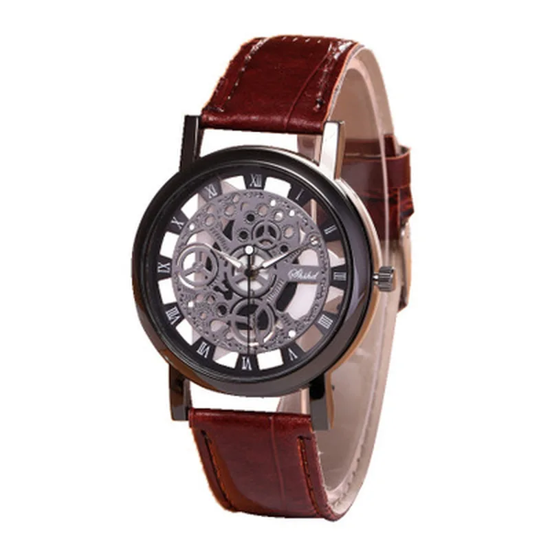 

Fashion Business Skeleton Watch Men Engraving Hollow Reloj Hombre Dress Quartz Wristwatch Leather Band Women Clock Relojes Mujer